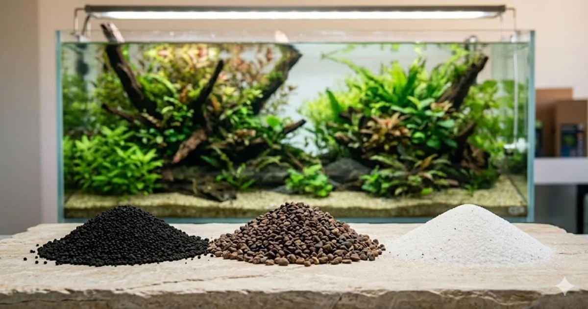 Meilleurs sols techniques Différents types de substrats aquarium (sol noir, gravier brun, sable blanc) présentés en petits tas côte à côte, avec en arrière-plan un aquascape planté luxuriant. Le style est un comparatif produit naturel.