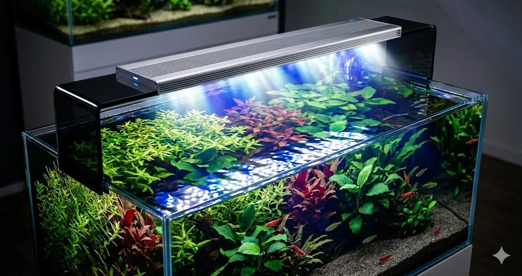 Une rampe LED aquarium moderne éclairant un aquarium planté, avec une lumière bleue-blanche spectaculaire sur des plantes vertes et rouges immergées, créant un effet lumineux