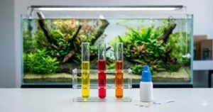 Meilleurs tests eau aquarium 2026 : guide complet Un kit de tests eau aquarium avec des tubes colorés (pH jaune, nitrites rouge, nitrates orange), des bandelettes de test et un flacon de réactif sur une surface blanche, avec un aquarium en arrière-plan légèrement flou. Le style est laboratoire aquariophilie.