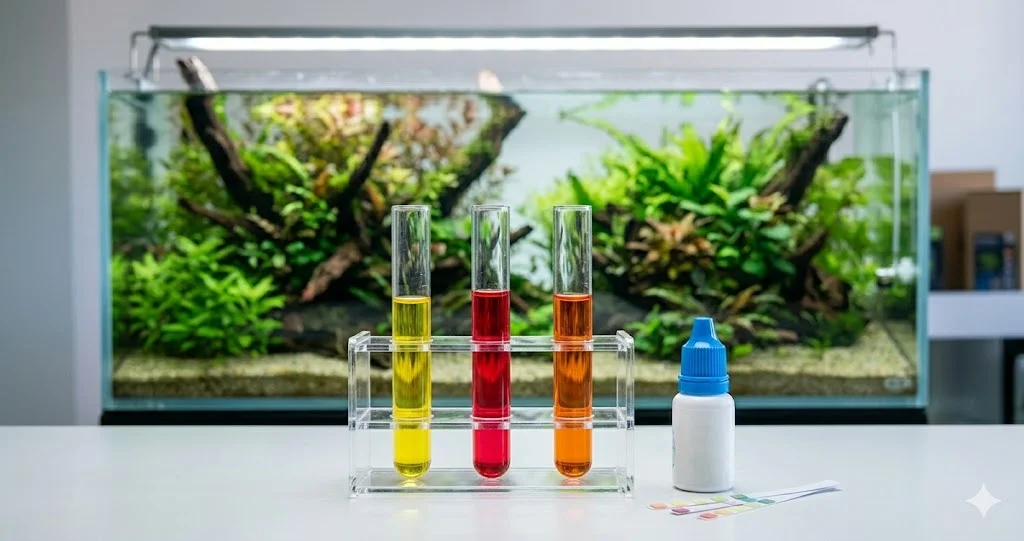 Meilleurs tests eau aquarium 2026 : guide complet Un kit de tests eau aquarium avec des tubes colorés (pH jaune, nitrites rouge, nitrates orange), des bandelettes de test et un flacon de réactif sur une surface blanche, avec un aquarium en arrière-plan légèrement flou. Le style est laboratoire aquariophilie.