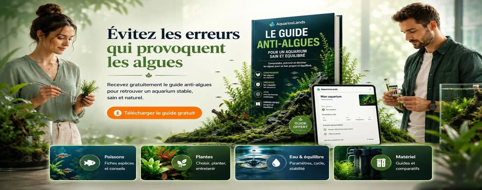 AquariosLands : guide anti-algues, poissons, plantes, eau et équilibre, matériel pour aquarium d'eau douce